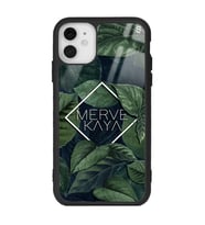 iPhone 11 Uyumlu Yeşil Yapraklı Kare İsim Tasarımlı Glossy Telefon Kılıfı