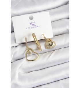 Pirinç Zİrkon Taşlı Kalp Model Gold Renk 3'lü Kadın Küpe