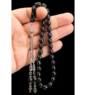 Sertifikalı Gümüş Harf Püskül 8x12mm İşlemeli Oltutaşı Tesbih (Siyah)