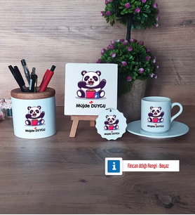Sevimli Panda Hediye Seti Dekoratif Taş, Kalemlik, Ahşap Altlıklı Türk Kahvesi Fincanı, Ahşap Anahtarlık Hediye (Model 2)