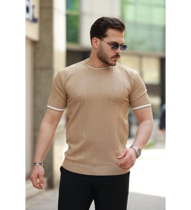 pilelistore- Erkek Bisiklet Yaka çizgi Desenli Ribanalı Kısa Kollu Tshirt (Altın)