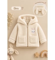 Kız Bebek Tavşan Nakışlı Fermuarlı Cepli Peluş Welsoft Kışlık Hırka - Beyaz