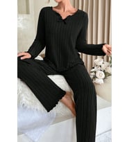 Kadın Siyah Uzun Kollu Fiyonklu Yuvarlak Yaka Mevsimlik Pijama Takımı