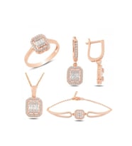 Modern Baget Taşlı Set ve Bileklik Dörtlü Gümüş