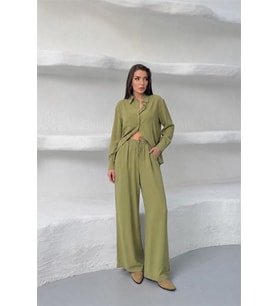 kadın yeşil tensel kumaş oversize gömlek pantolon ikili takım NBNP037