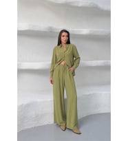 kadın yeşil tensel kumaş oversize gömlek pantolon ikili takım NBNP037