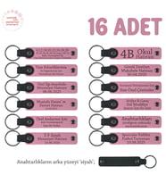 Pembe & Siyah, Anaokulu Yıl Sonu Hediyesi, 16'lı Set, Öğrenci İsmi Yazılı Öğretmene Özel Anahtarlık