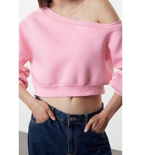 Asimetrik Yaka Balon Kol Crop Kalıp Kalın İçi Polarlı Crop Asimetrik Yaka Örme Sweatshirt