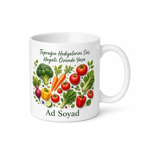 Vejetaryenlere Özel Sebze ve Meyve Desenli Renkli Kupa Bardak Hediye