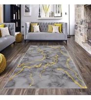Gri Desenli Gold Detaylı Yıkanabilir Kaymaz Taban Leke Tutmaz Modern Salon Halısı ve Yolluk