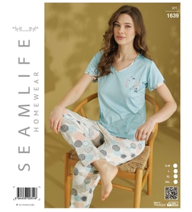 Seamlife Kadın Extra Yumuşak %100 Pamuk V Yaka Milan Kısa Kollu Pijama Takımı (Turkuaz)