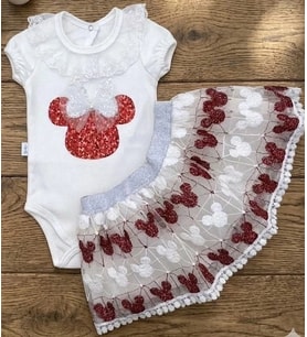 Mickey Payet Nakışlı Brode Etekli Kız Bebek Özel Gün Takımı - Kırmızı