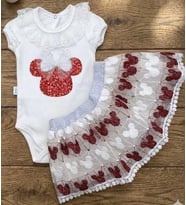 Mickey Payet Nakışlı Brode Etekli Kız Bebek Özel Gün Takımı - Kırmızı