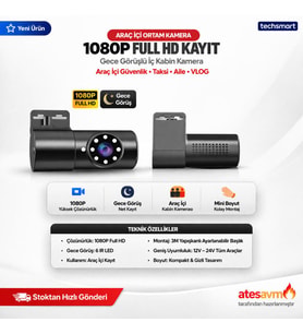TECHSMART Araç İçi Kamera 1080P Gece Görüşlü İç Kabin Kamera Araç İçi Güvenlik Mini Kamera