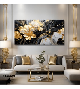 Panoramik Kanvas Duvar Tablosu Soyut Gold Siyah Mermer Deseni Çiçek