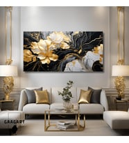Panoramik Kanvas Duvar Tablosu Soyut Gold Siyah Mermer Deseni Çiçek