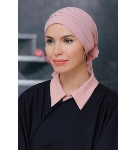 Pudra Pratik Hazır Geçmeli Tesettür Bone Sandy Kumaş Pileli Nervürlü Güllü 1806_06