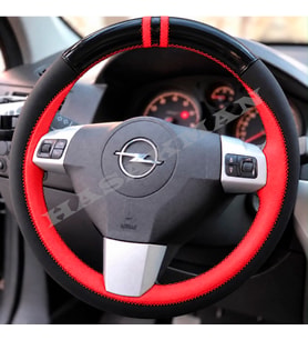 Opel Astra H Dikme Direksiyon Kılıfı Parlak Siyah Kırmızı Detaylı Kırmızı Çift Yüzük ve Dikiş 2004-2014