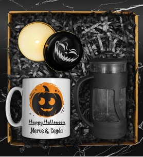 Cadılar Bayramına Özel Kişiye Özel Tasarım Kupa & Halloween Temalı Mum & French Press Seti