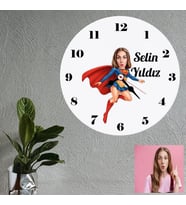 Super Girl Özel Karikatürlü Kişiye Özel Ahşap Duvar Saati