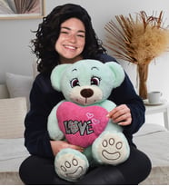 Sevgililer Günü Hediyesi Sevgiliye Özel 80 cm Peluş Ayıcık LOVE Yazılı Kalpli (Turkuaz)