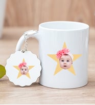 Kişiye Özel Pembe Yıldız Kafa Fotoğraflı Beyaz Kupa Bardak ve Anahtarlık