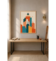 Mid-Century Şehir Geometrik Silüet Ahşap Çerçeveli Duvar Tablosu