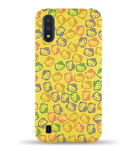 Samsung Galaxy A01 Uyumlu Lansman Kılıf Hello Kitty Tasarımlı İçi Kadife Kapak-Sarı (Şeffaf)