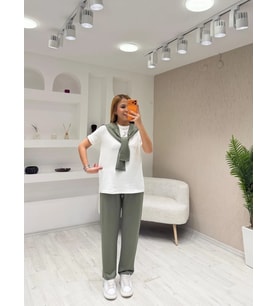 Kadın şal Dahil Bisiklet Yaka Bluz Ve Pantolon üçlü Takım