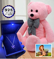 Size Özel Fotoğraflı Set Işıklı Kutusunda 925 Ayar Gümüş Kolye ve 80cm Pembe Ayıcık (Model 1)