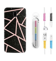 Samsung J6 Plus J7 Prime J7 Pro M20 Kılıf Kablo Koruma Spiral Silikon Pembe Şeritli Mermer 1312