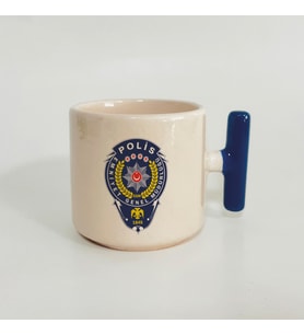 Kişiye Özel Polis Arma Baskılı Mavi Kulplu T Kupa (Beyaz)