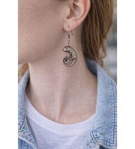 Spiral Chameleon – Bukalemun Figürlü Eskitme Gümüş Renk Sallantılı Küpe