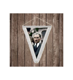 Mustafa Kemal Atatürk Portre Poster Beyaz Saçaklı Üçgen Flama Bayrak Hatıra Flama ATA38
