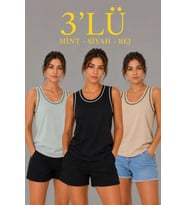 3’lü Kolsuz Sporcu Atlet Seti Yazlık Bisiklet Yakalı - Mint Yeşili, Siyah, Bej
