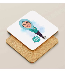 Kişiye Özel Turkuaz Tesettürlü Kadın Karikatürlü Bardak Altlığı