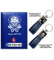 Plakanıza Özel Kuru Kafa Logolu Lacivert Ruhsat Kabı ve Anahtarlık