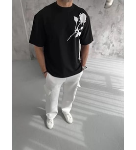 pilelistore- Unisex Bisiklet Yaka Baskılı Oversize T-Shirt - Siyah