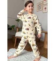 Erkek Çocuk Üzerinde Fil ve Papağan Digital Baskılı Krem Pijama Takımı