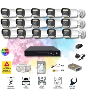15 Kameralı Set - Yapay Zeka Özellikli Gece Renkli Gösteren 5MP SONY Lensli 12 Warm Ledli FULLHD Güvenlik Kamerası Seti 312W-116