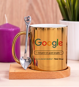 Kişiye Özel Google Tasarım Esprili Ahşap Altlıklı Gold Kupa Bardak