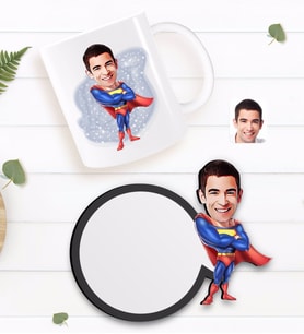 BK Gift Kişiye Özel Süper Adam Karikatürlü Beyaz Kupa ve Ahşap Bardak Altlığı Hediye Seti-1
