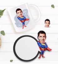 BK Gift Kişiye Özel Süper Adam Karikatürlü Beyaz Kupa ve Ahşap Bardak Altlığı Hediye Seti-1