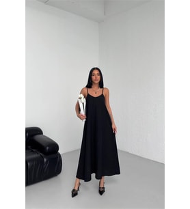 Neşeli butik kadın siyah askılı içi astarlı kaş keten elbise NBG017