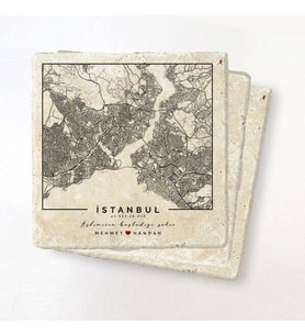 Kişiye Özel Aşkımızın Şehri Haritalı Taş Bardak Altlığı