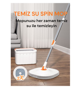 Otomatik Mop Temizlik Seti, Mikrofiber Kare Başlık, 2 Adet Bez, Temiz ve Kirli Su Ayrımı
