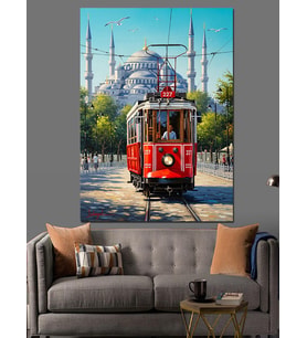 Kırmızı Tramvay İstanbul Şehir Dekoratif Kanvas - Mdf Ahşap Tablo