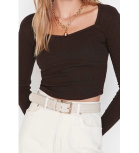 Moda Kare Yaka Örme Slim Fit Düz Desen Casual Günlük Crop Uzun Kol Bluz (Kahverengi)