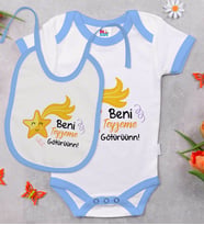 BK Kids Beni Teyzeme Götürün Tasarımlı Mavi Bebek Body Zıbın ve Mama Önlüğü Hediye Seti-1