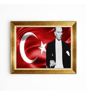 Tablore Atatürk Ve Türk Bayrağı Tasarımlı Çerçeveli Kanvas Salon Ve Ofis Tablosu